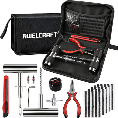 AWELCRAFT 10-Piece Economical Tire Repair Kit – Flat Tire Plug Kit with T-Handle Tools, Storage Case – Fix Punctures Fast, No Tire Removal Needed – Ideal for Car, Truck, Motorcycle, ATV