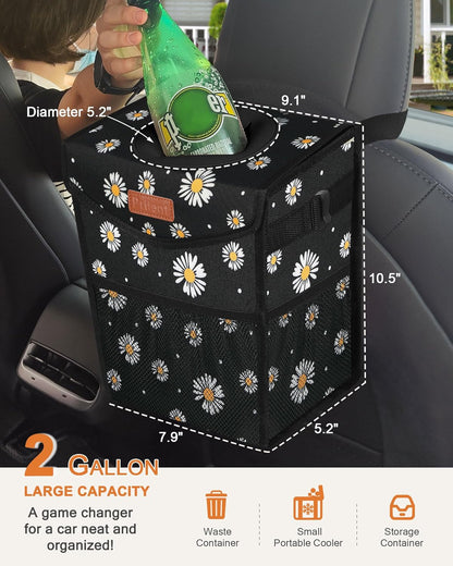 Pritent Car Trash Can with Lid, Cute Leakproof Car Trash Garbage Bag Hanging Vehicle Trash Bin Small Portable Automotive Garbage Cans Organizer for Back/Front Seat/Console(Trapezoid,Black)
