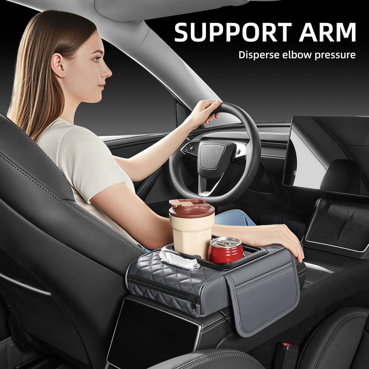 5 in 1 Car Center Console Cover, Armrest Pad with 2 Storage Pockets, Cup Holder, Tissue Slot, Phone Holder, Nappa Leather Memory Foam Car Accessories for SUV Sedan Truck (Black)