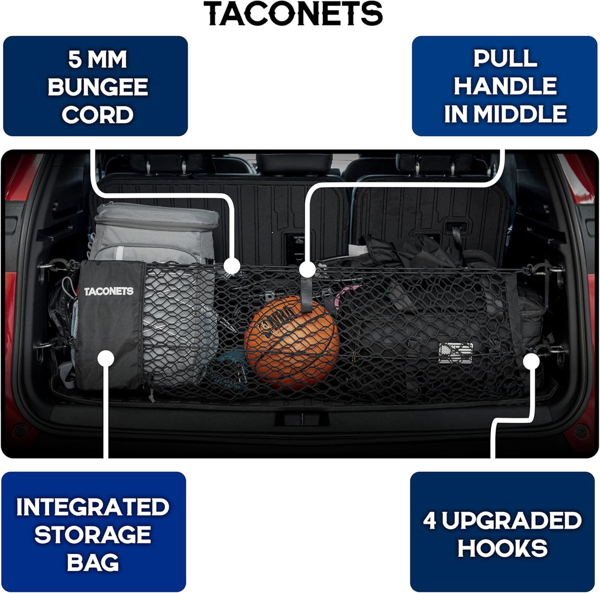 TacoNets Envelope Cargo Net for GMC Sierra & Chevy Silverado - Fits 2013-Current - Upgraded 5mm Bungee - Integrated Storage Bag - Heavy Duty Carabiners - Designed in USA