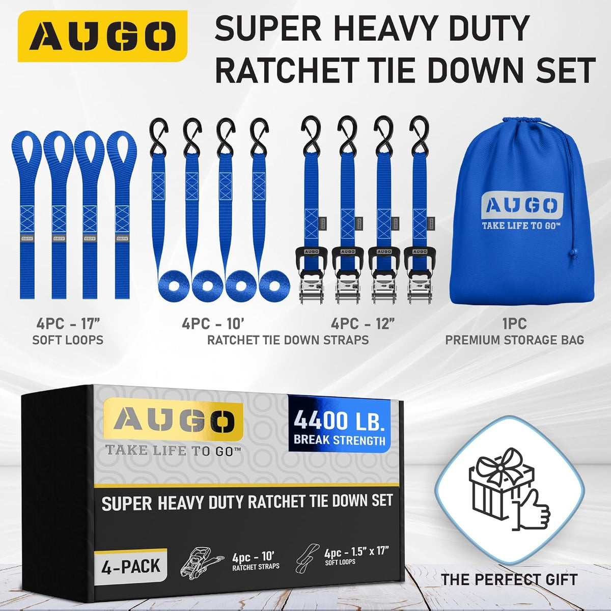 AUGO Ratchet Straps Heavy Duty 4 Pack -15 FT - 2200 LB Break Strength – with Safety Lock S Hooks - Cargo Straps for Moving, Appliances, Motorcycle – Soft Loop Tie Down Straps