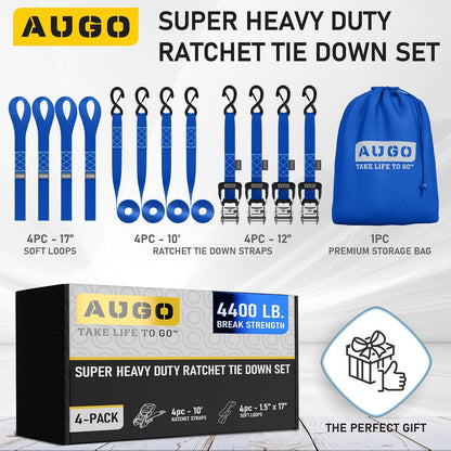 AUGO Ratchet Straps Heavy Duty 4 Pack -15 FT - 2200 LB Break Strength – with Safety Lock S Hooks - Cargo Straps for Moving, Appliances, Motorcycle – Soft Loop Tie Down Straps