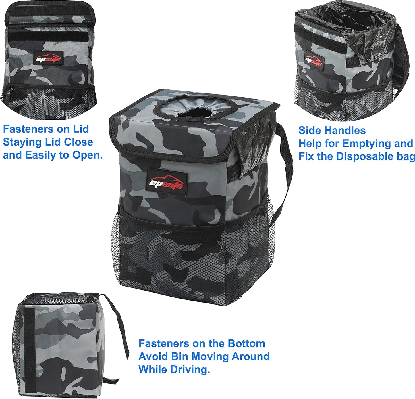 EPAuto Waterproof Car Trash Can with Lid and Storage Pockets, 2.5 Gallon, Black