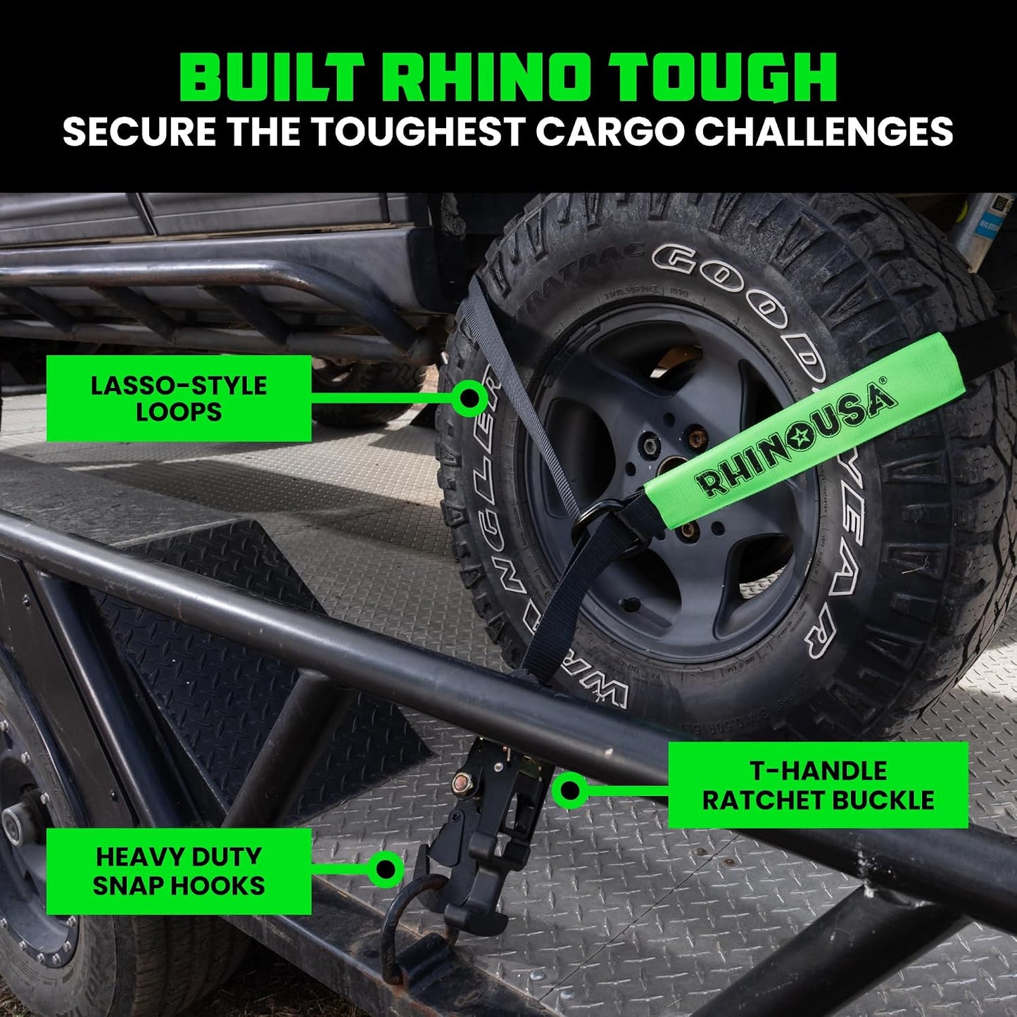 Rhino USA Car Tie Down Straps with J Hooks – 4 Pack 2" x8' – 10,000lbs Break Strength – Heavy Duty T-Handle Car Hauler Tire Lasso Wheel Straps for Trailers, UTV & Powersports – Black