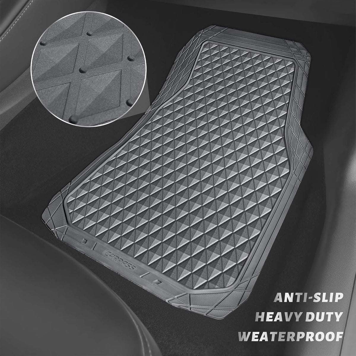 CAR PASS Black Rubber Car Mats, All-Weather Floor Mats Full Set Durable Anti-Slip 3D Rhombus Waterproof Automotive Pad Trim to Fit Liner Universal Fit for Sedan SUV Truck Van, 4 Pcs All Black Rubber