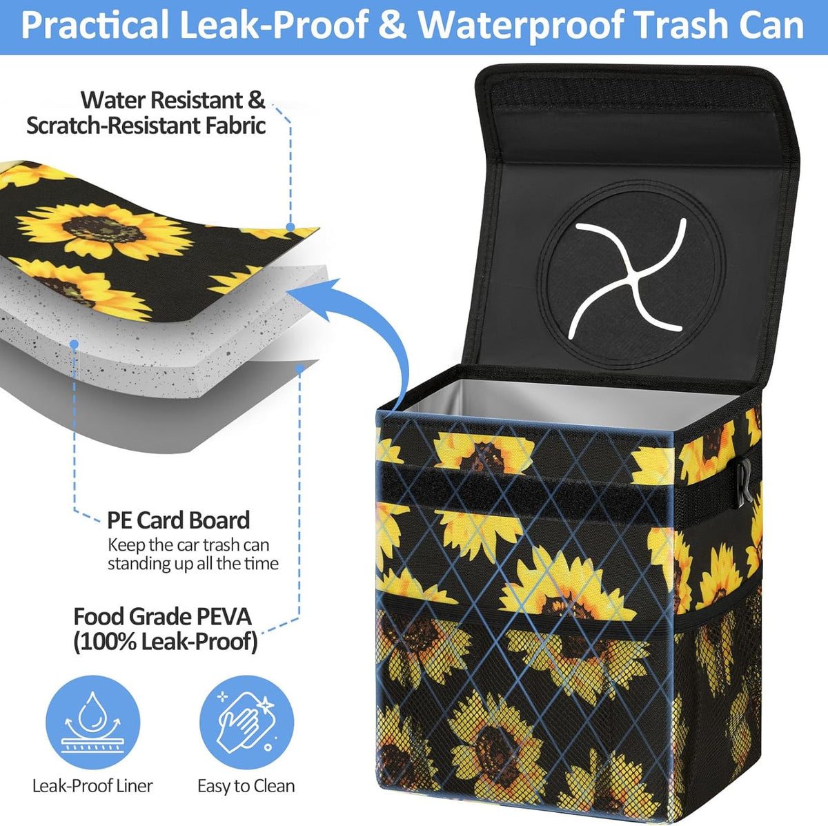 ELONGRIVER Car Trash Can Bin for Back Seat Leak Proof, Cute Car Trash Bag Hanging, Vehicle Trash Can for SUV Truck Van, Automotive Garbage Cans Front Seat Black
