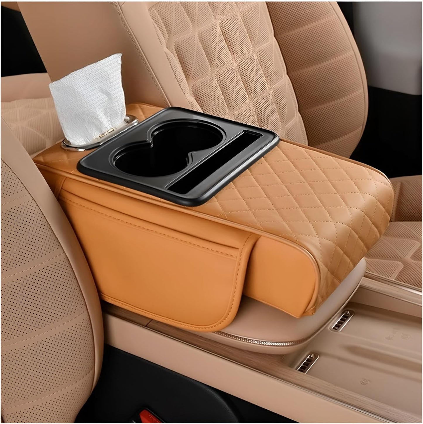 Zpana Car Center Console Armrest Pillow, Memory Foam Leather 4 in 1 Vehicle Arm Rest Cover with Tissue Box 2 Side Storage Bag Cup & Phone Holder, Auto Armrest Cushion, Universal Fit (Black)
