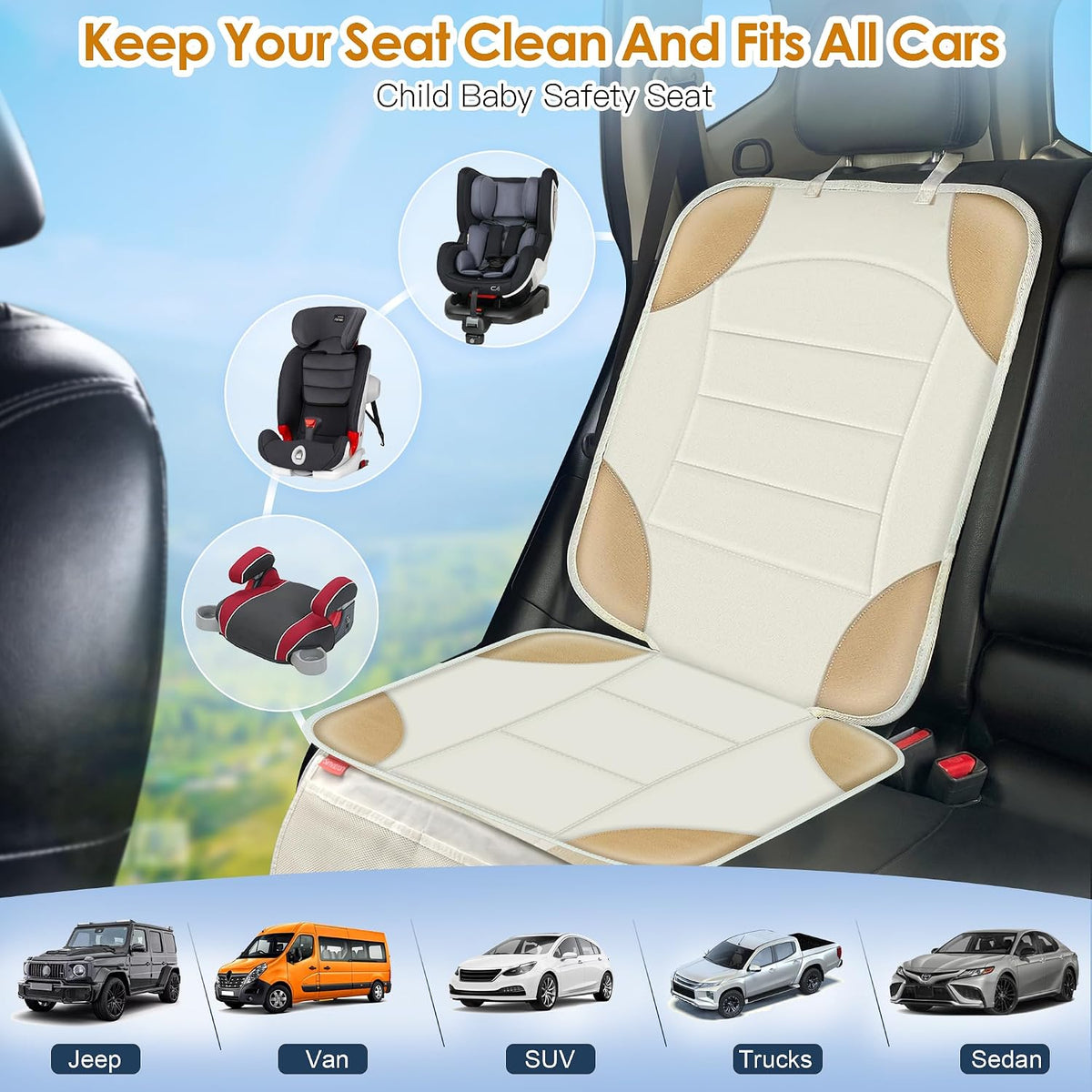Sinvitron Car Seat Protector for Child Car Seat - Waterproof Non-Slip Leather Mat with 2 Mesh Pockets, Universal Seat Cover for Baby, Pets & Vehicles(2-Pack,Black)