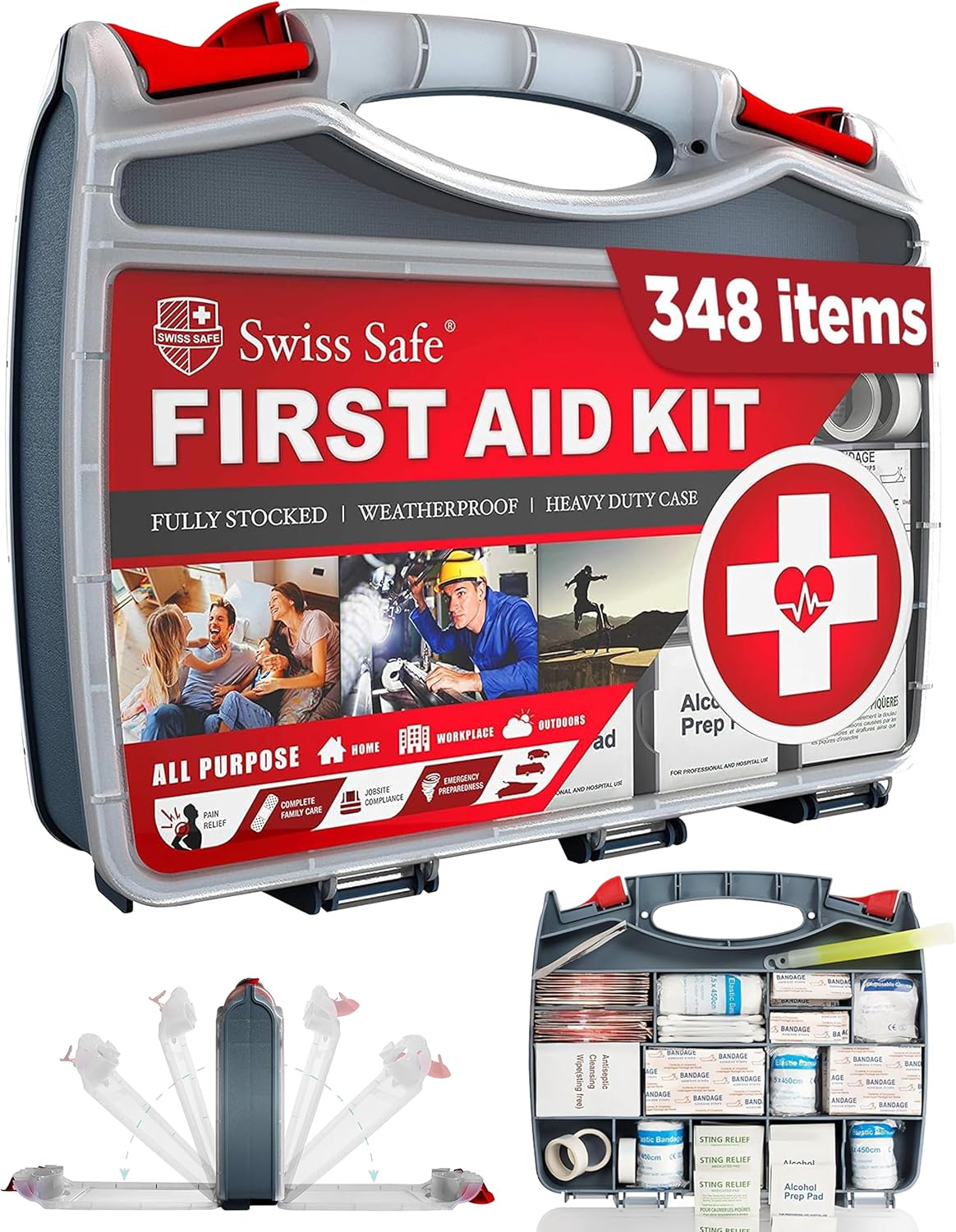 Swiss Safe 2-in-1 First Aid Kit for Car, Travel and Home, 348 Pieces, Large Hardcase with Bonus Mini Kit for Medical Emergency, Survival and Camping