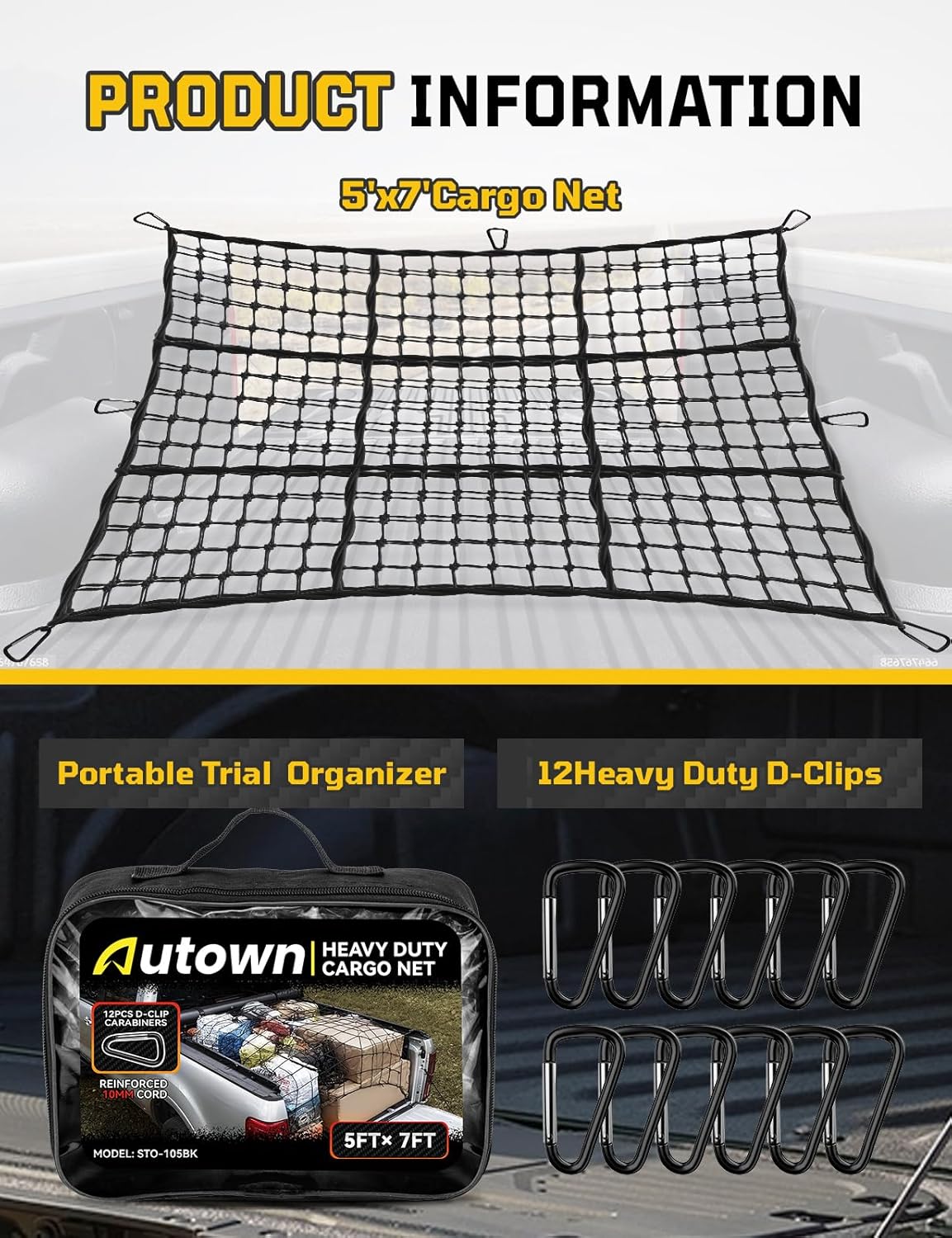 AUTOWN Cargo Net for Pickup Truck Bed - Stretchable 4' x 6' to 8' x 12' with 4" x 4" Mesh, Heavy Duty 10mm Cord Bungee Bed Netting with 12 Metal Carabiners - Ideal for ATV, SUV, UTV and Truck