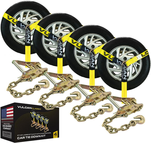 VULCAN Car Tie Down with Flat Hooks - Lasso Style - 2 Inch x 96 Inch - 4 Pack - Silver Series - 3,300 Pound Safe Working Load