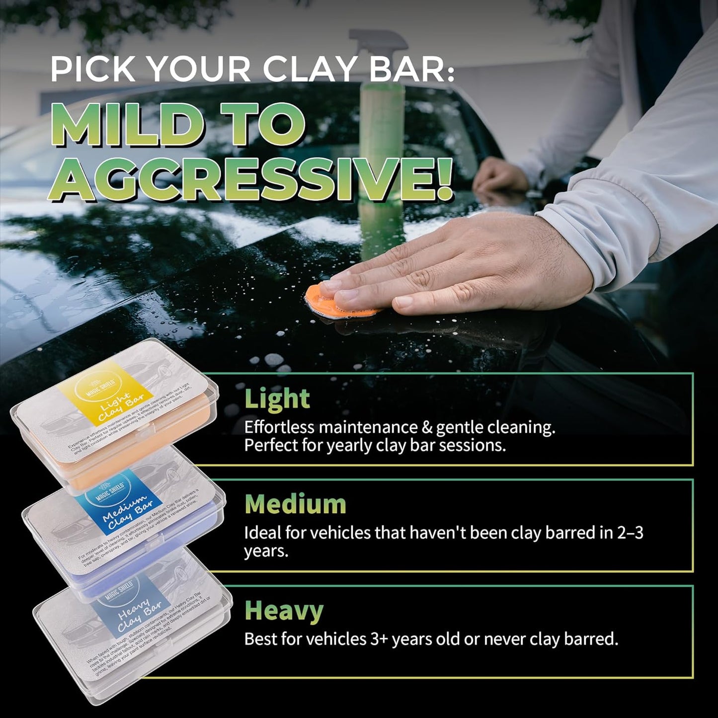 Magic Shield Clay Bar Triple Pack - 100g Each of Light, Medium & Heavy-Duty Clay Bars for Car Detailing - Deep Cleaning & Shine Restoration with Magic Clay Bars for Professional Auto Detailing