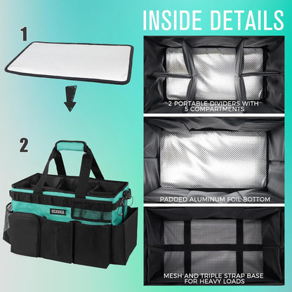 SCAVATA Wearable Cleaning Caddy Bag, Supplies Organizer with Handle & Shoulder Straps for Housekeepers, Under Sink & Car Cleaning Tool Organizer with 4 Foldable Dividers (Black)