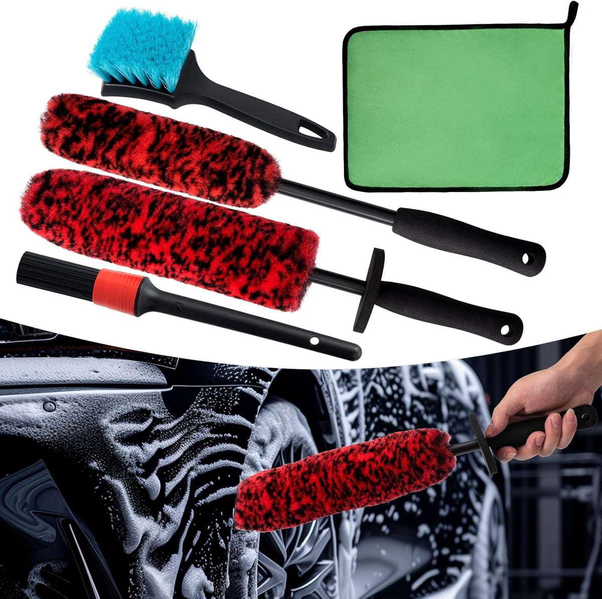 5 Pack Car Wheel and Tire Cleaner Brushes Kit Auto Motorcycle Rim Ultra Soft Microfiber No Spatter Bendable Woolies Bristle Cleaning Set (Red & Black)