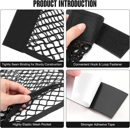 TOBWOLF Universal Mesh Cargo Net With Tape Stickers, 25x40cm / 9.8x15.7in, Elastic Car Storage Net, RV Netting Pocket, Wall Sticker Add-on Pouch Bag for Car Trunk