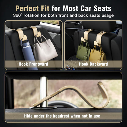 Amooca 4-Pack Car Headrest Hooks Vehicle Storage Organizer for Purses Handbags Groceries Backpack Coats –Holds 55lbs 360° Rotating Black