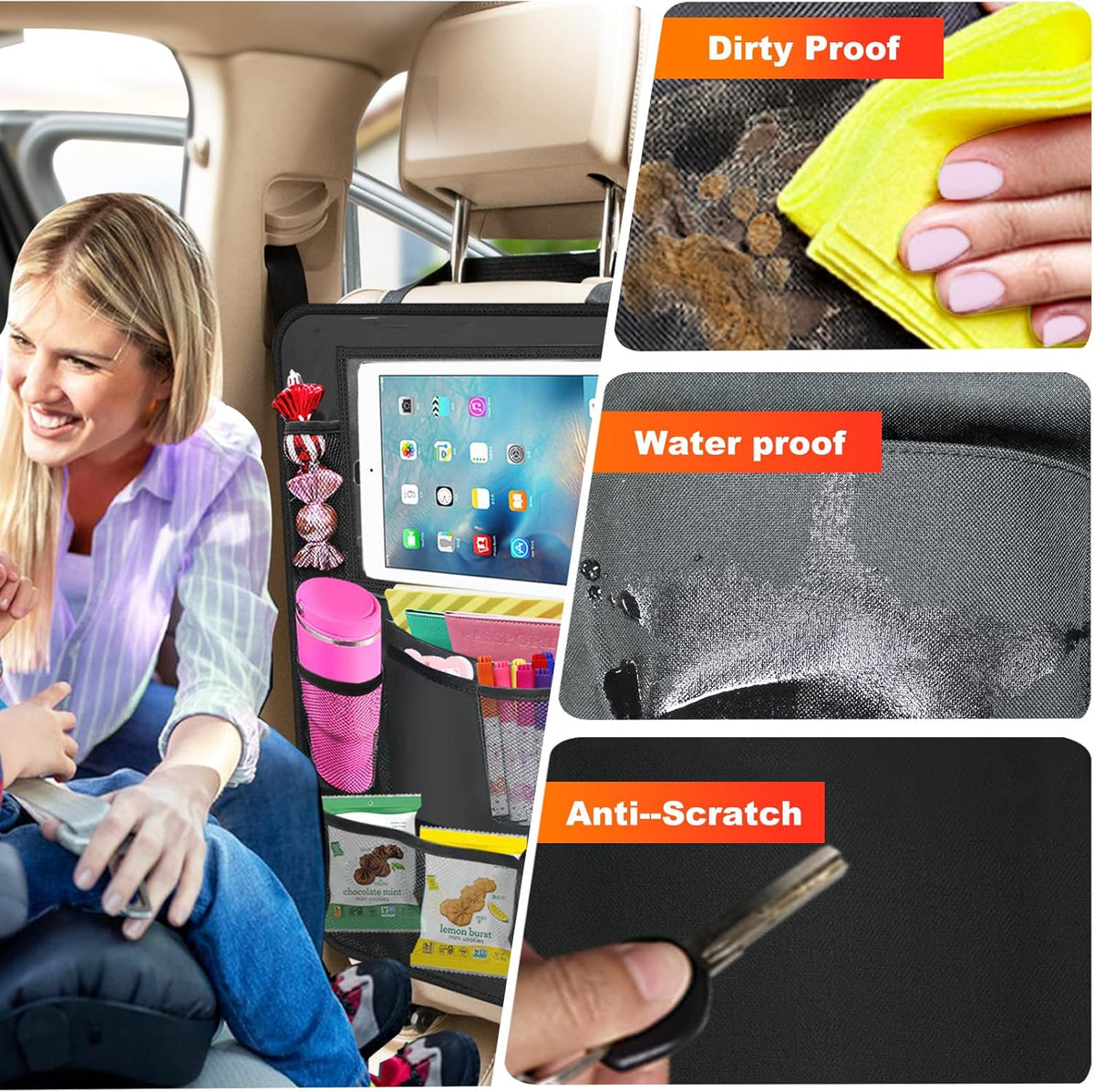 2Pack Car Backseat Organizer with Foldable Table Tray,6 Storage Pockets Car Storage Organizer with Tablet Holder,Car Seat Back Protectors Kick Mats Travel Accessories (Black)