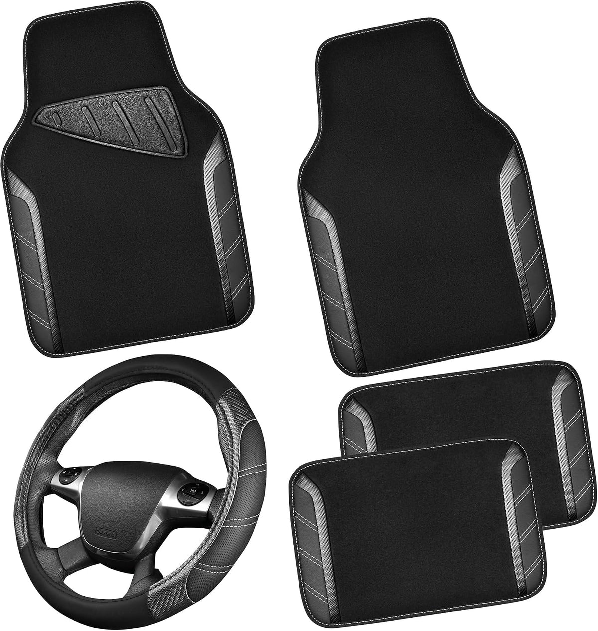 CAR PASS Air Mesh Leather Car Seat Covers Full Set, Waterproof Car Floor Mats, Sporty Steering Wheel Cover 14.5-15in, Universal Fits for 95% Cars Truck SUV (Black and Blue)