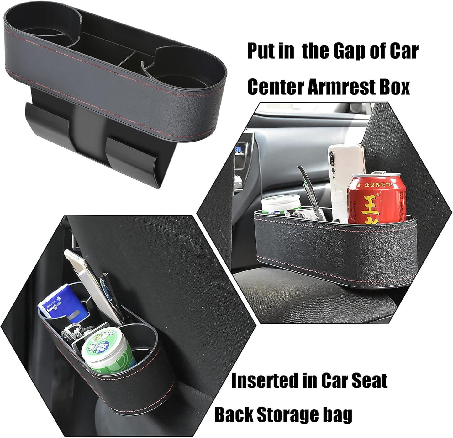 IOKONE Car Cup Holder, Auto Cup Drink Holders，Multifunctional Auto Front Seat Organizer with PU Leather Cover, Gap Filler Storage Box Coin Bucket Console Side Pocket Cell Mobile Phone Holder (Black)