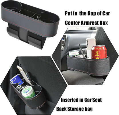 IOKONE Car Cup Holder, Auto Cup Drink Holders，Multifunctional Auto Front Seat Organizer with PU Leather Cover, Gap Filler Storage Box Coin Bucket Console Side Pocket Cell Mobile Phone Holder (Black)