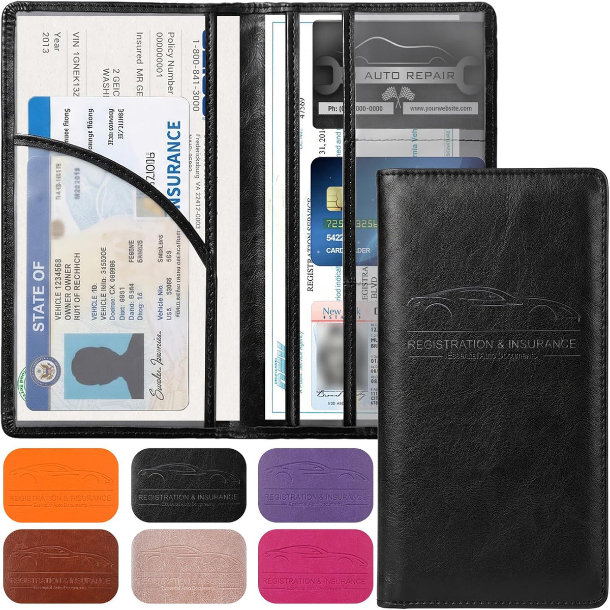 LumiMokki Premium Car Registration & Insurance Card Holder with Magnetic Shut, Vehicle Glove Box Car Organizer - For Documents, Cards, License (Black)