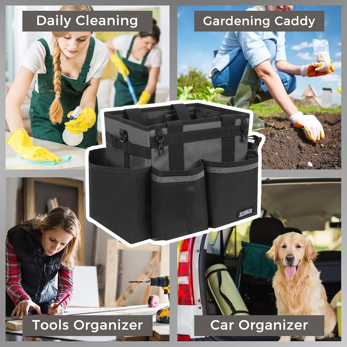SCAVATA Compact Wearable Cleaning Caddy, Small Supplies Organizer with Handle & Shoulder Straps for Housekeepers, Under Sink & Car Cleaning Tool Organizer Bag (Black)