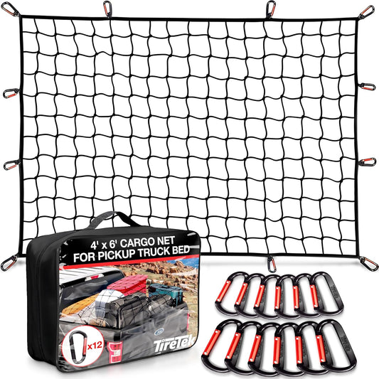 Cargo Net for Pickup Truck Bed (4'x6' Stretches to 8'x12') Double Thick Heavy Duty Truck Bed Net for Dad, & Husband - 12 Metal Carabiners, Bungee Mesh Accessory with Strap Hooks