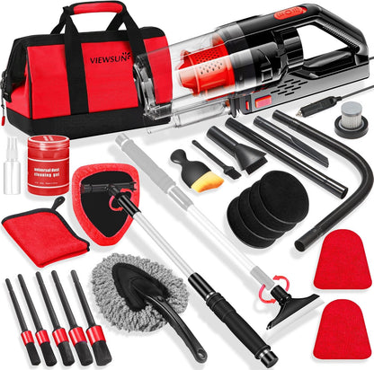 17pcs Car Cleaning Kit, Pink Car Interior Detailing Kit with High Power Handheld Vacuum, Detailing Brush Set, Windshield Cleaner, Cleaning Gel, Complete Auto Accessories for Women Gift
