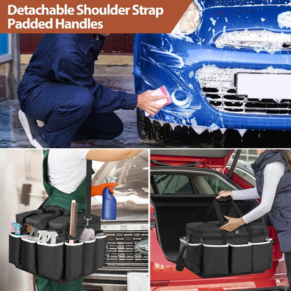 HODRANT Extra-Large Detailing Bag with Waterproof EVA Hard Bottom, Auto Detail Supplies Organizer for Polisher, Bottles & Detailing Kit, Car Care Tools Tote with Lid & Shoulder Strap, Patent Design