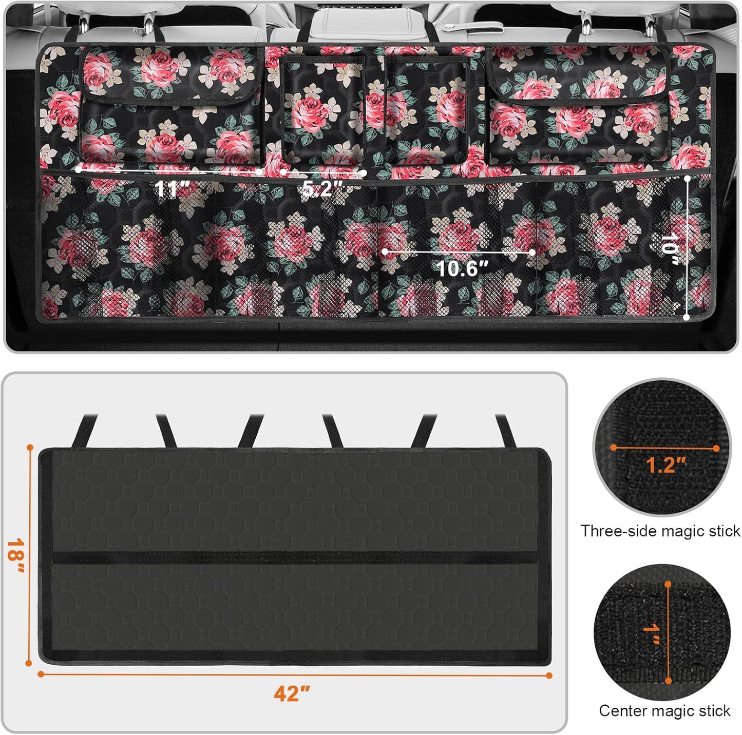 esouler Car Trunk Organizer, Super Capacity Backseat Car Organizer for SUV/Truck/MPV(42"*18"), Hanging Car Storage Organizer with 8 Pocekts, Car Accessories for Women and Men- Black