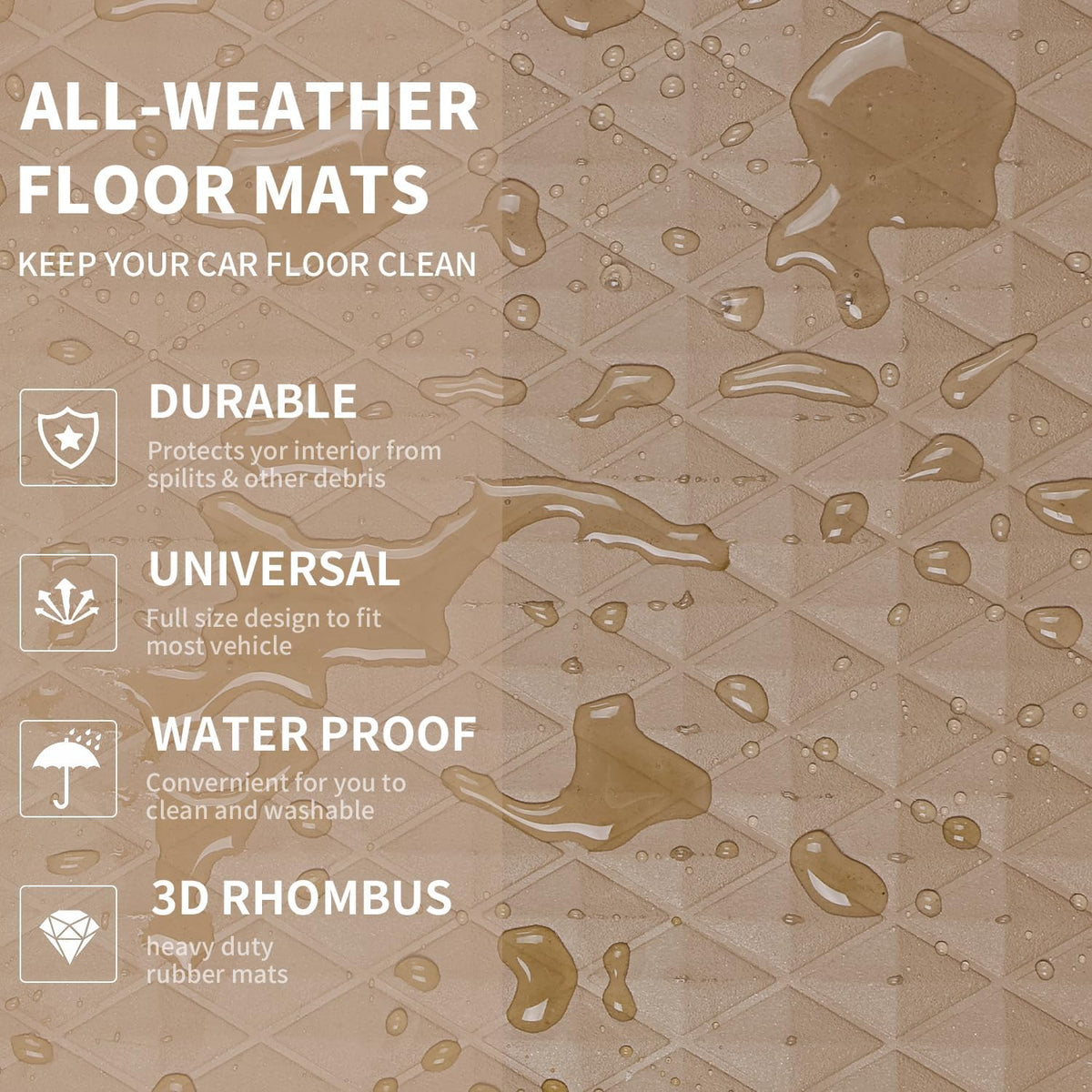 CAR PASS Black Rubber Car Mats, All-Weather Floor Mats Full Set Durable Anti-Slip 3D Rhombus Waterproof Automotive Pad Trim to Fit Liner Universal Fit for Sedan SUV Truck Van, 4 Pcs All Black Rubber