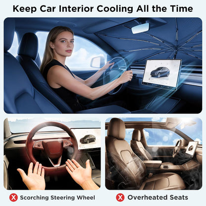 2026 Upgraded Windshield Sun Shade Umbrella [7-Layer Vinyl Coating Heat Shield] Foldable Front Window Sunshade Umbrella Flexible Handle Protect Interior from UV Keep Car Cooler (57" x 31")