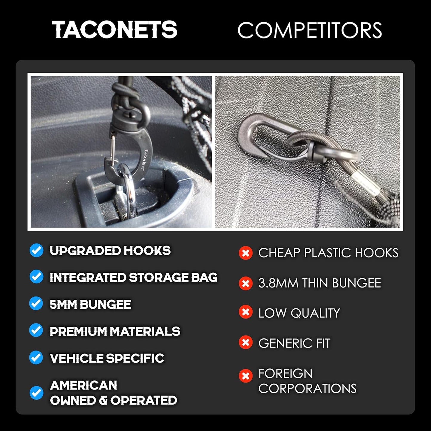 TacoNets Envelope Cargo Net for GMC Sierra & Chevy Silverado - Fits 2013-Current - Upgraded 5mm Bungee - Integrated Storage Bag - Heavy Duty Carabiners - Designed in USA