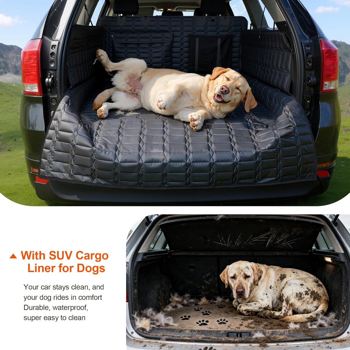 Reliadura SUV Cargo Liner for Dogs, Waterproof Dog Trunk Cover with Bumper Flap Protector, Pet Cargo Mat for SUVs Sedans Vans, Non-Slip Scratchproof Dog Seat Cover, Large Size Universal Fit