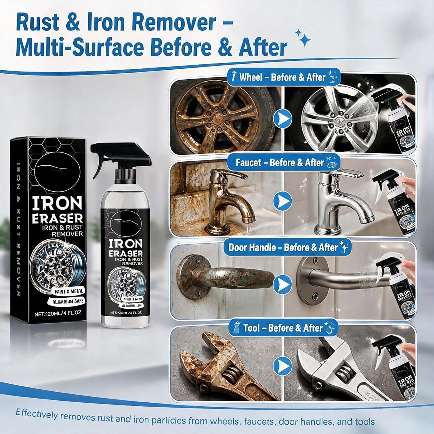 Iron Eraser Rust Remover Spray, Car Rust Remover Cleaner Spray, General rust remover Cleaner spray (120ML-3PCS)