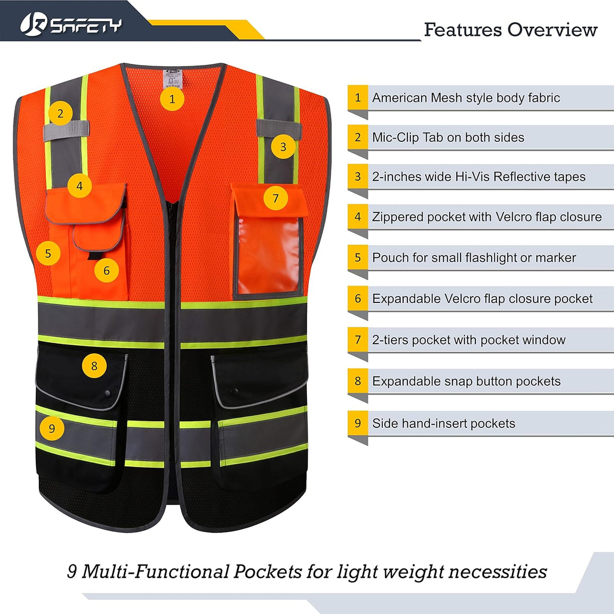 JKSafety 9 Pockets Class 2 High Visibility Zipper Front Safety Vest With Reflective Strips,Meets ANSI/ISEA Standard (Large, 150-Yellow) - Colors A