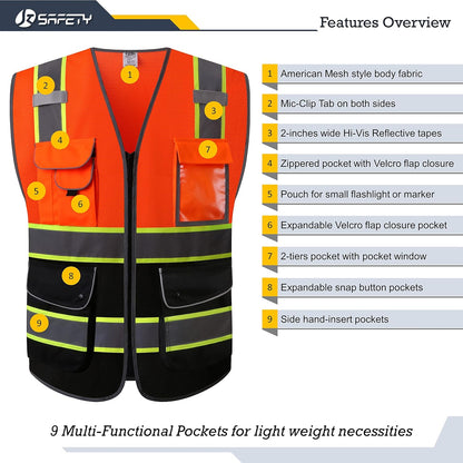 JKSafety 9 Pockets Class 2 High Visibility Zipper Front Safety Vest With Reflective Strips,Meets ANSI/ISEA Standard (Large, 150-Yellow) - Colors A