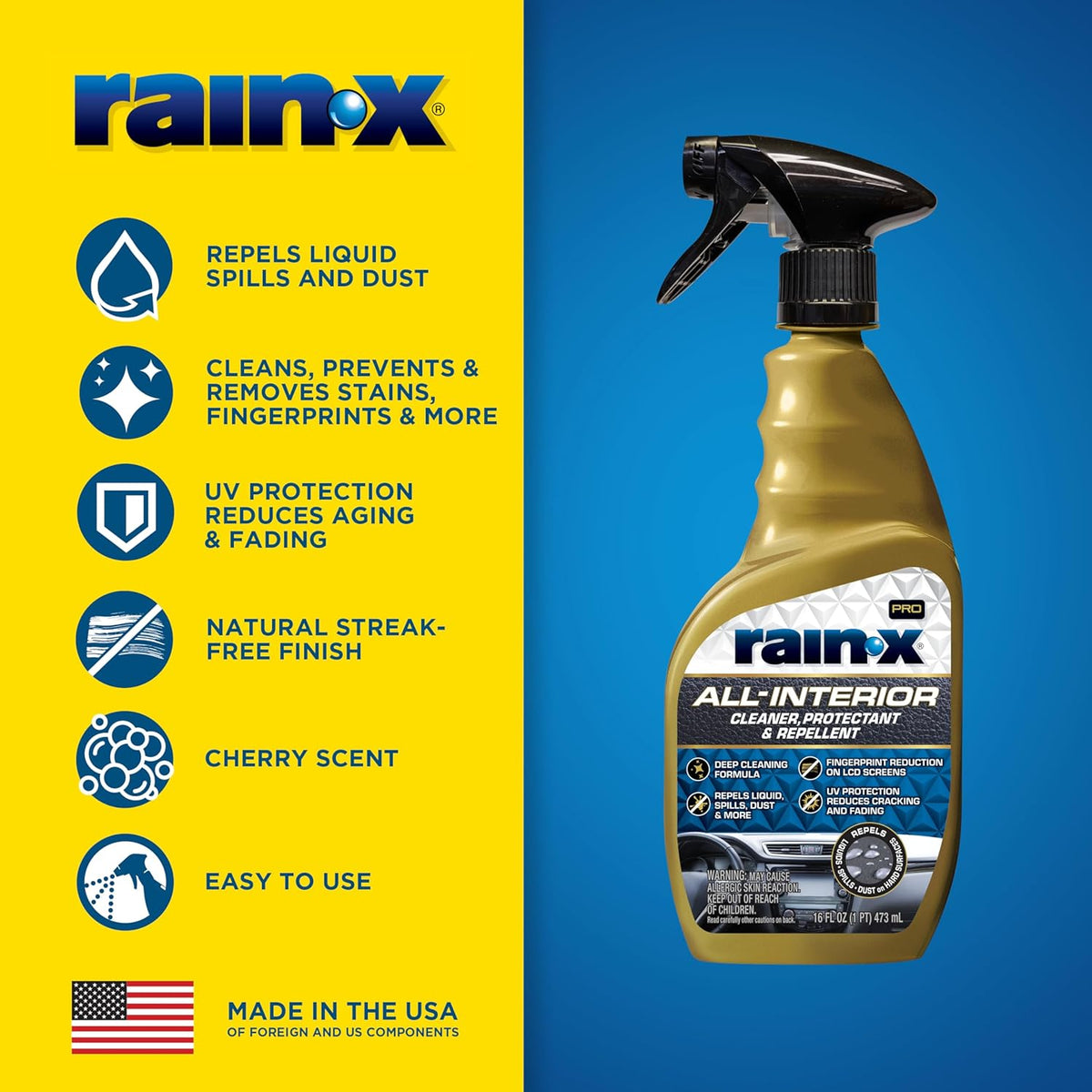 Rain-X 620232SRP All-Interior Cleaner Protectant & Repellent for Car Interiors, Cleans + Repels Liquid Spills & Dust without Residue, Cherry Scent 16 Fl Oz.