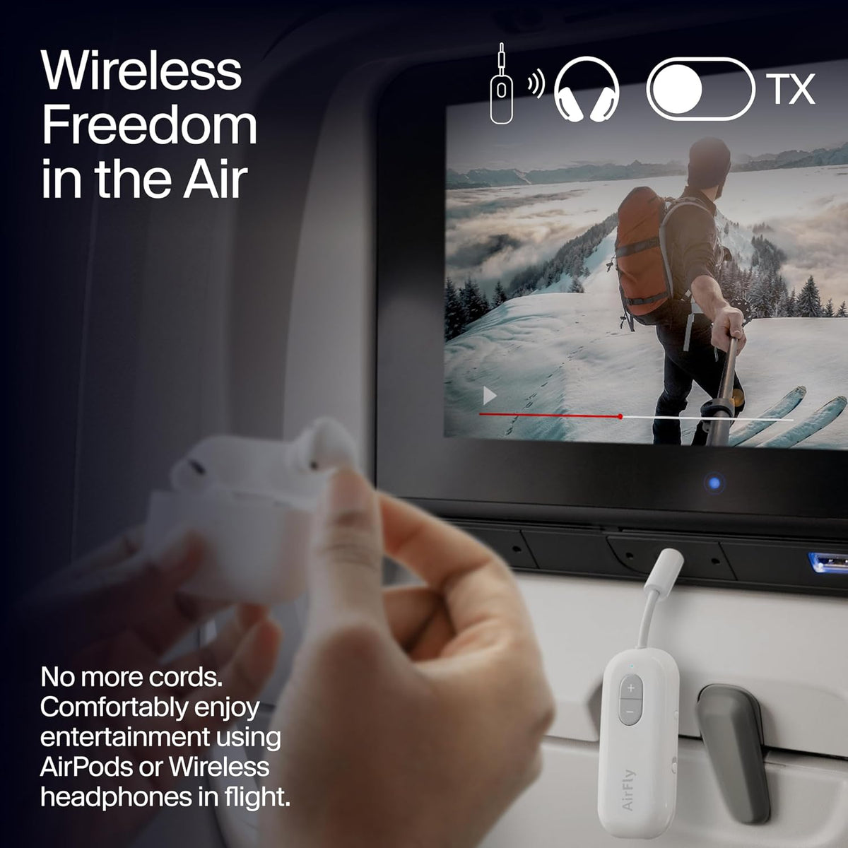 AirFly Pro 2 Deluxe – Bluetooth Adapter for Airplane, Pair 2 AirPods or Wireless Headphones – 3.5mm AUX Bluetooth Transmitter/Receiver for Cars, Boats, Treadmills, TVs – Airplane Travel Essentials