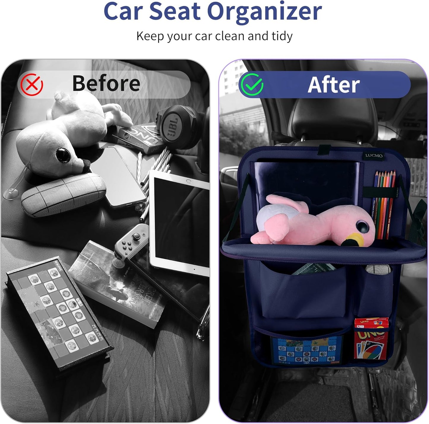 LUCMO Car Backseat Organizer with Tablet Holder,6 Storage Pockets Car Storage Organizer with Foldable Food Tray,Protectors Kick Mats Travel Accessories-Black