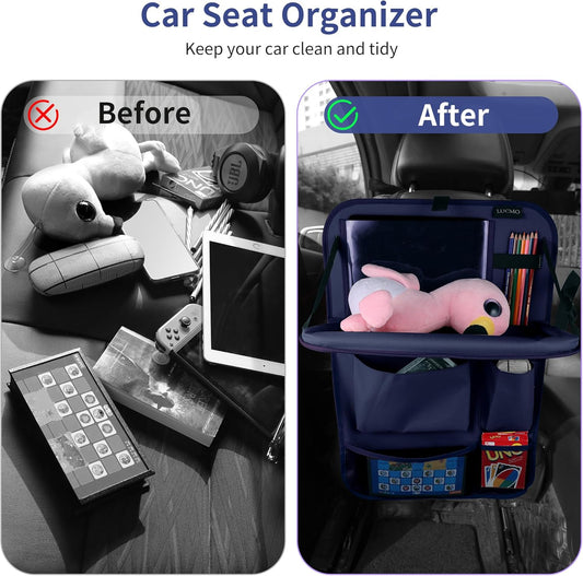 LUCMO Car Backseat Organizer with Tablet Holder,6 Storage Pockets Car Storage Organizer with Foldable Food Tray,Protectors Kick Mats Travel Accessories-Black