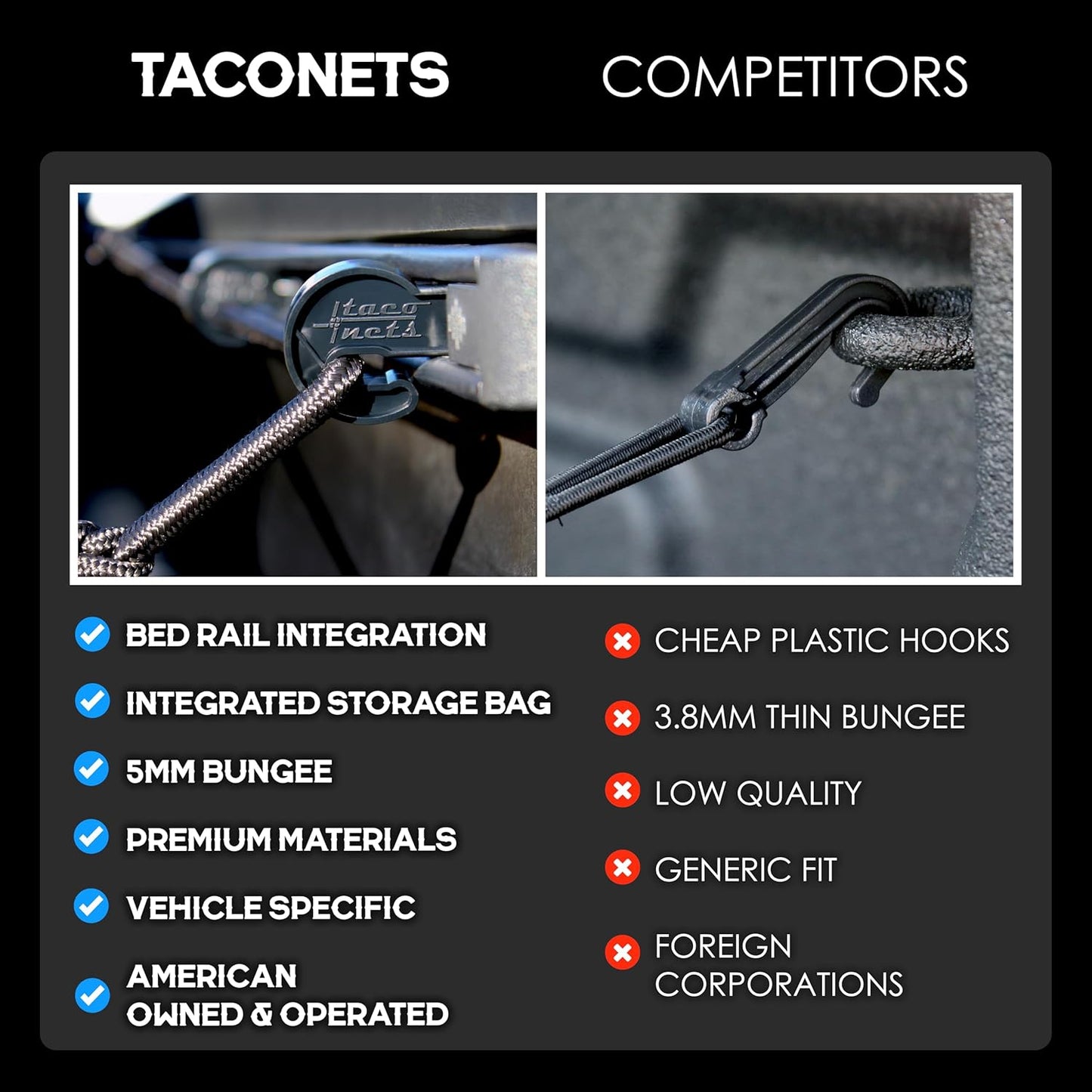 TacoNets Envelope Cargo Net for GMC Sierra & Chevy Silverado - Fits 2013-Current - Upgraded 5mm Bungee - Integrated Storage Bag - Heavy Duty Carabiners - Designed in USA
