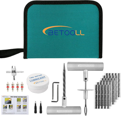 BETOOLL Tire Repair Kit, 24 Pcs Professional Heavy Duty Universal Emergency Flat Tire Repair Kit to Fix Punctures, for car Motorcycle, Truck, Golf Cart, ATV, Tractor, ARB, RV, SUV, Trailer etc.