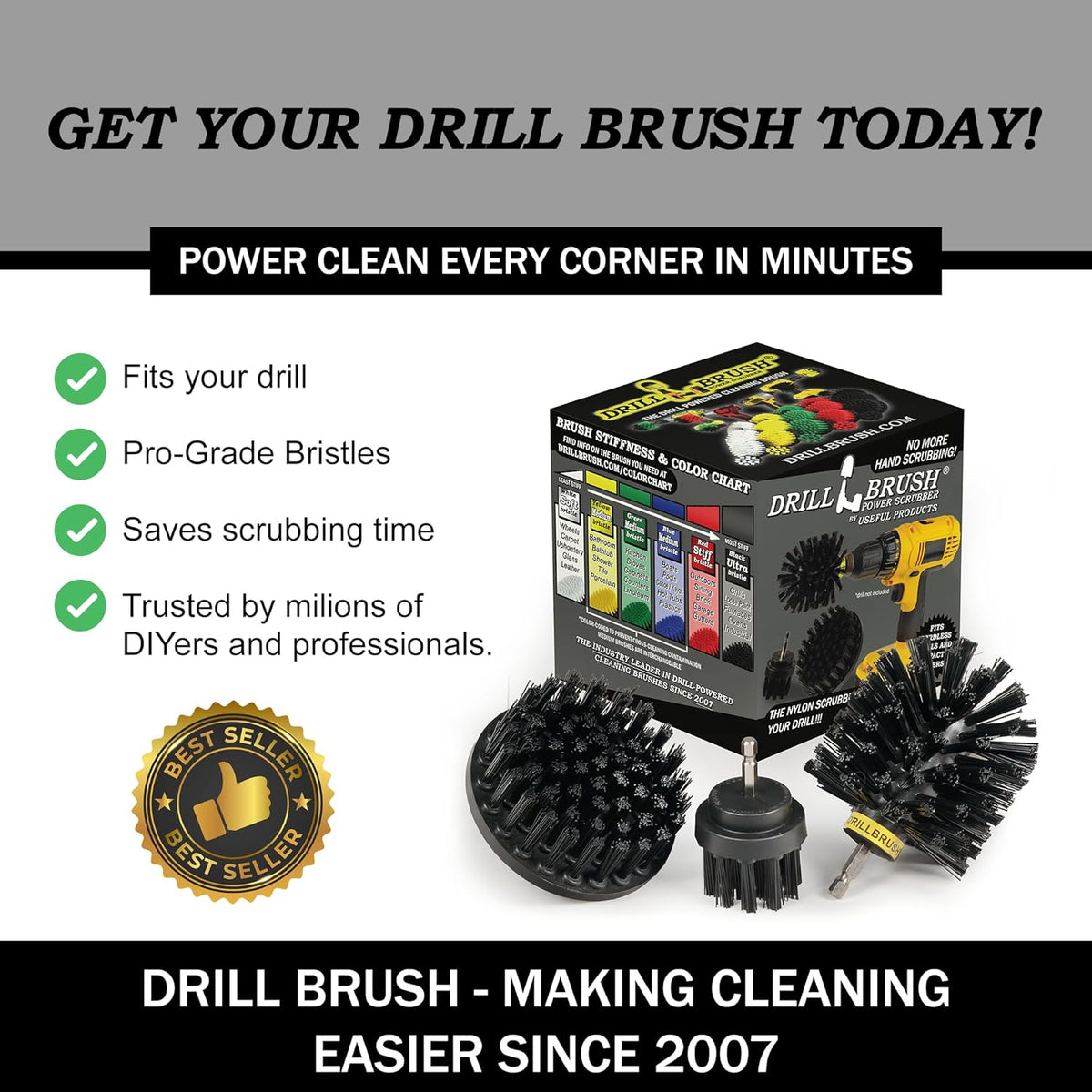 Drillbrush Car Detailing Kit | Drill Brush Set – Soft Bristle Power Scrubber Attachments for Cleaning Car Interior, Upholstery, Carpet, Seats, Wheels, Rims, Dash, Console, and Trim - Nylon Scrub Brush