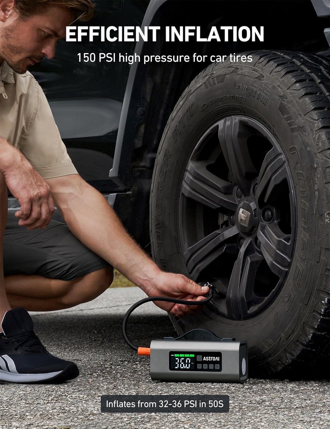AstroAI S8 Air Jump Starter with Air Compressor, 3000A Peak Car Battery Jump Starter Portable (9.0 Gas/6.5L Diesel) with 150PSI Cordless Auto-Shutoff Tire Inflator, 12V Battery Charger Booster(Orange)