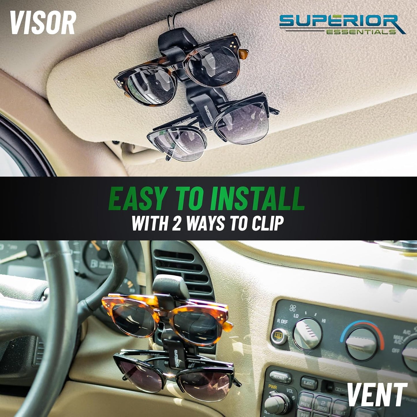 Superior Essentials Sunglass Holder for Car Visor - Eyeglass Car Mount with Double-Ends Sunglasses Holder Organizer, Universal Car Sunglass Holder Clip, Suitable for All Size Eyeglasses (2 Pack Black