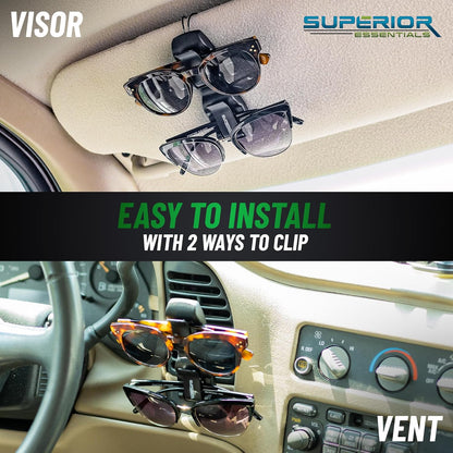 Superior Essentials Sunglass Holder for Car Visor - Eyeglass Car Mount with Double-Ends Sunglasses Holder Organizer, Universal Car Sunglass Holder Clip, Suitable for All Size Eyeglasses (2 Pack Black