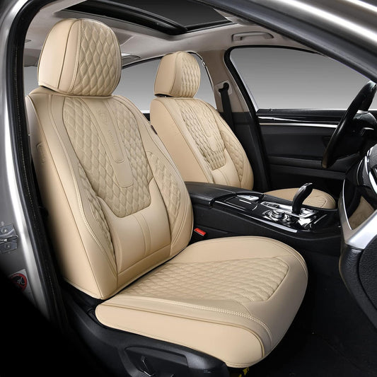 Coverado Car Seat Covers Full Set, Nappa Leather Seat Covers for Car, Waterproof Car Seat Protector with Lumbar Support, Automotive Seat Covers Universal Fit for Most Cars SUV Trucks (Beige) - Colors A