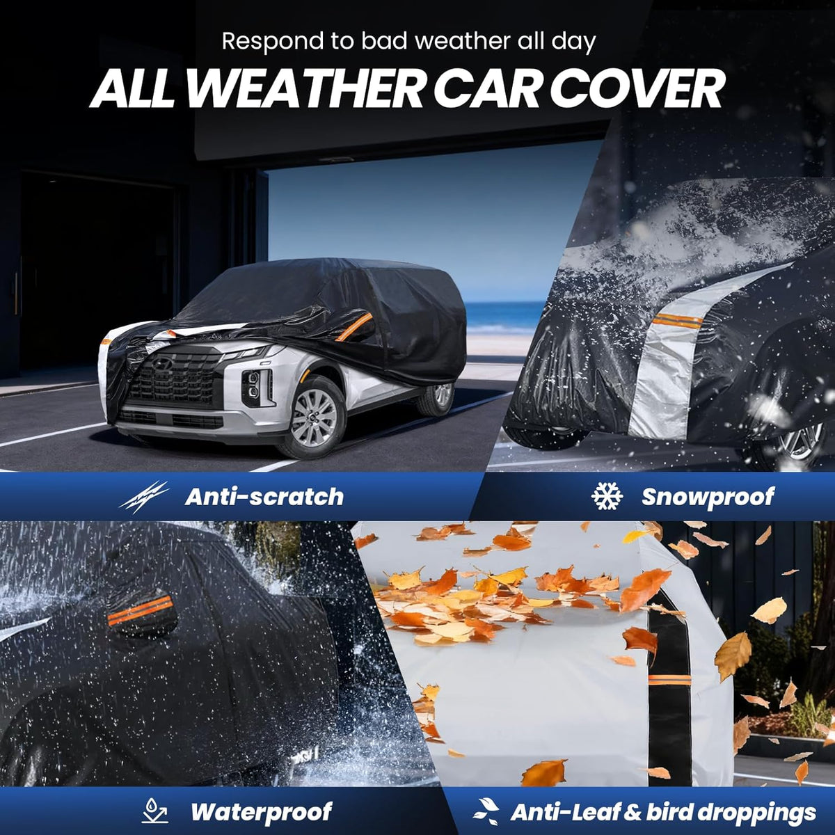 Large SUV Car Cover for Chevy Suburban 100% Waterproof All Weather, Heavy Duty Outdoor Full Exterior Covers Rain Sun Wind UV Protection. - Colors C