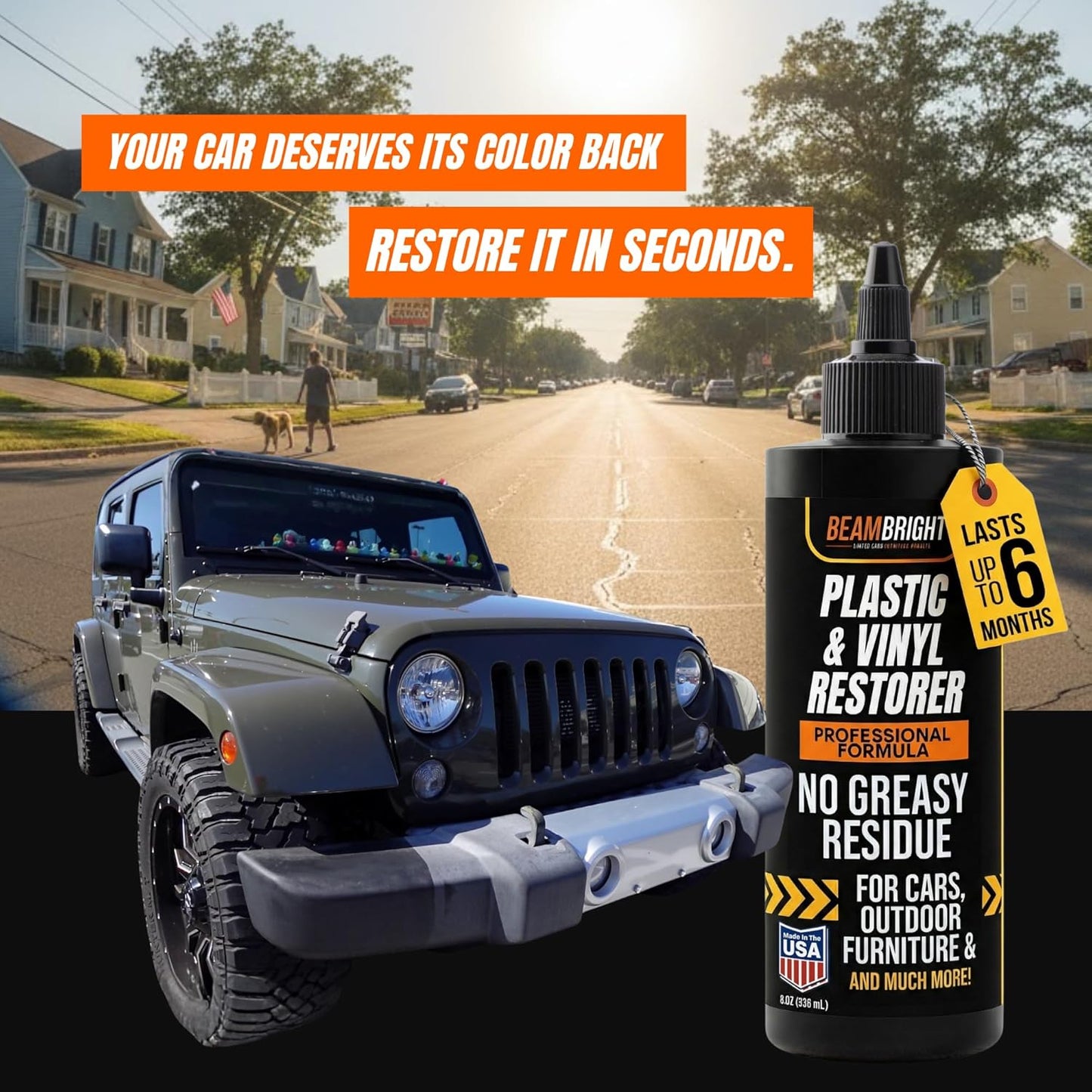 BEAM BRIGHT Plastic Trim Restorer – Dry, Non-Greasy for a True Natural Black Trim Finish for Severely Faded Car Trim & Vinyl. Long-Lasting UV Protection for Exterior & Interior Plastic – 8 oz